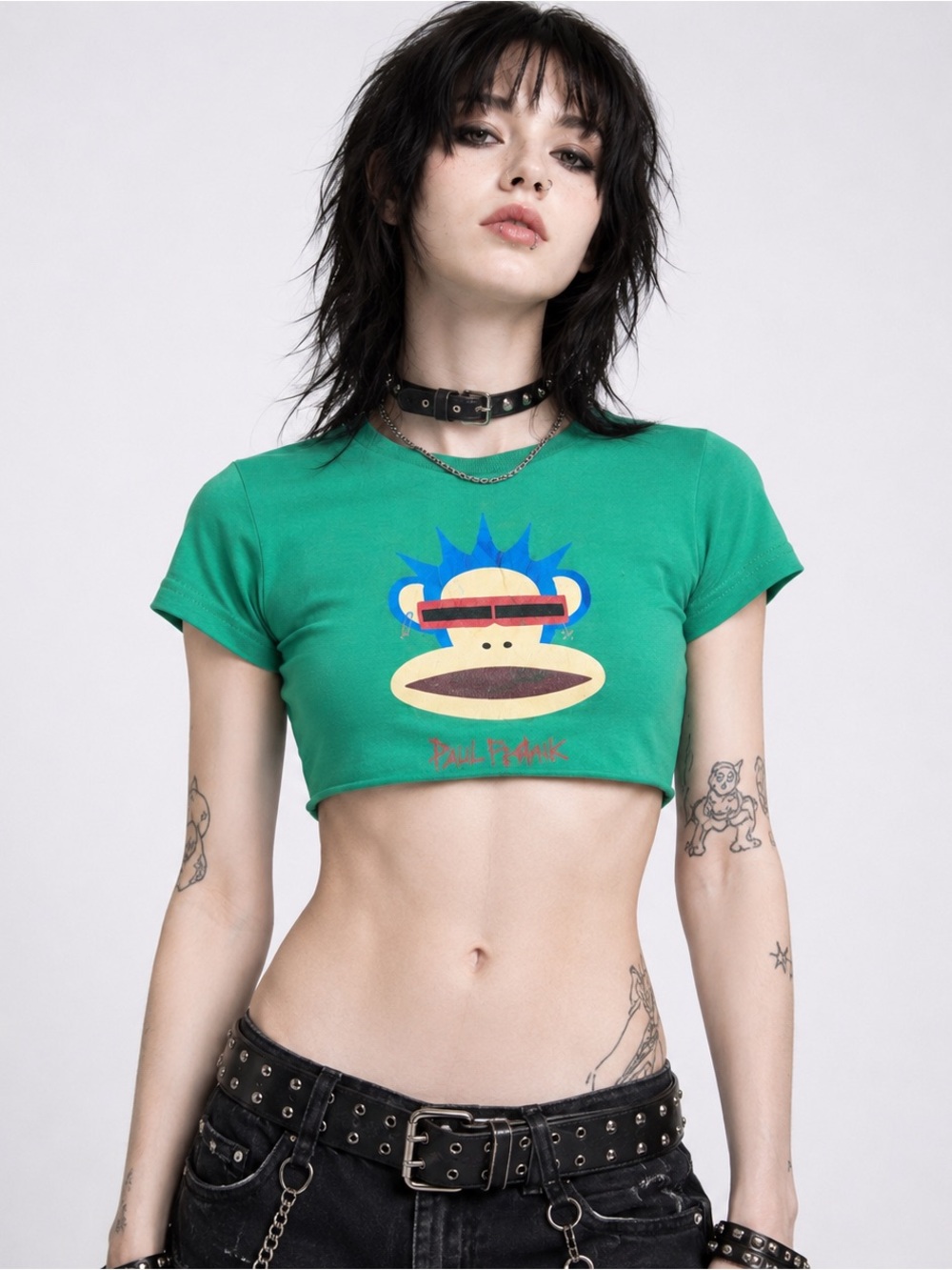 Paul Frank Julius Monkey Green Reworked Crop Top Small Y2K Grunge Punk Baby Tee